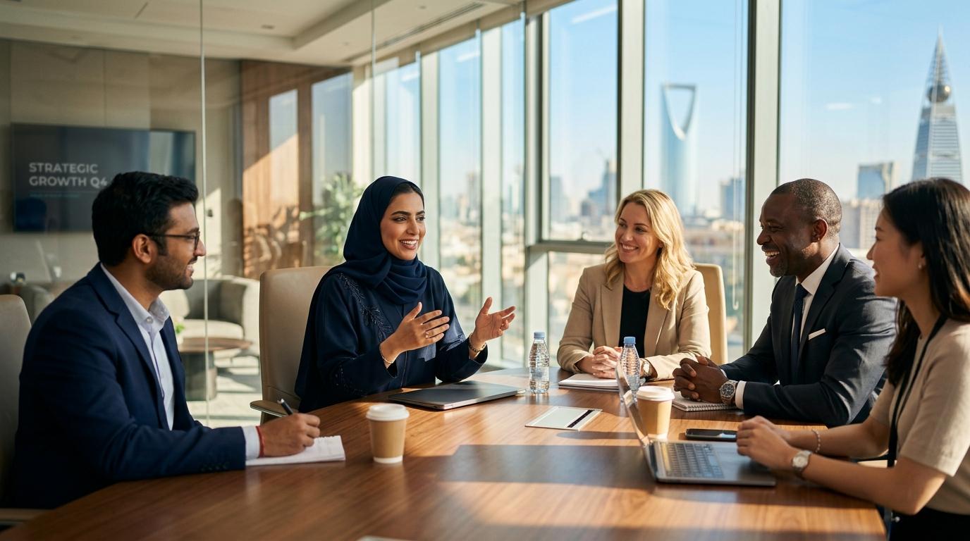 A hiring team reviewing candidates in a Riyadh office, the city skyline behind them