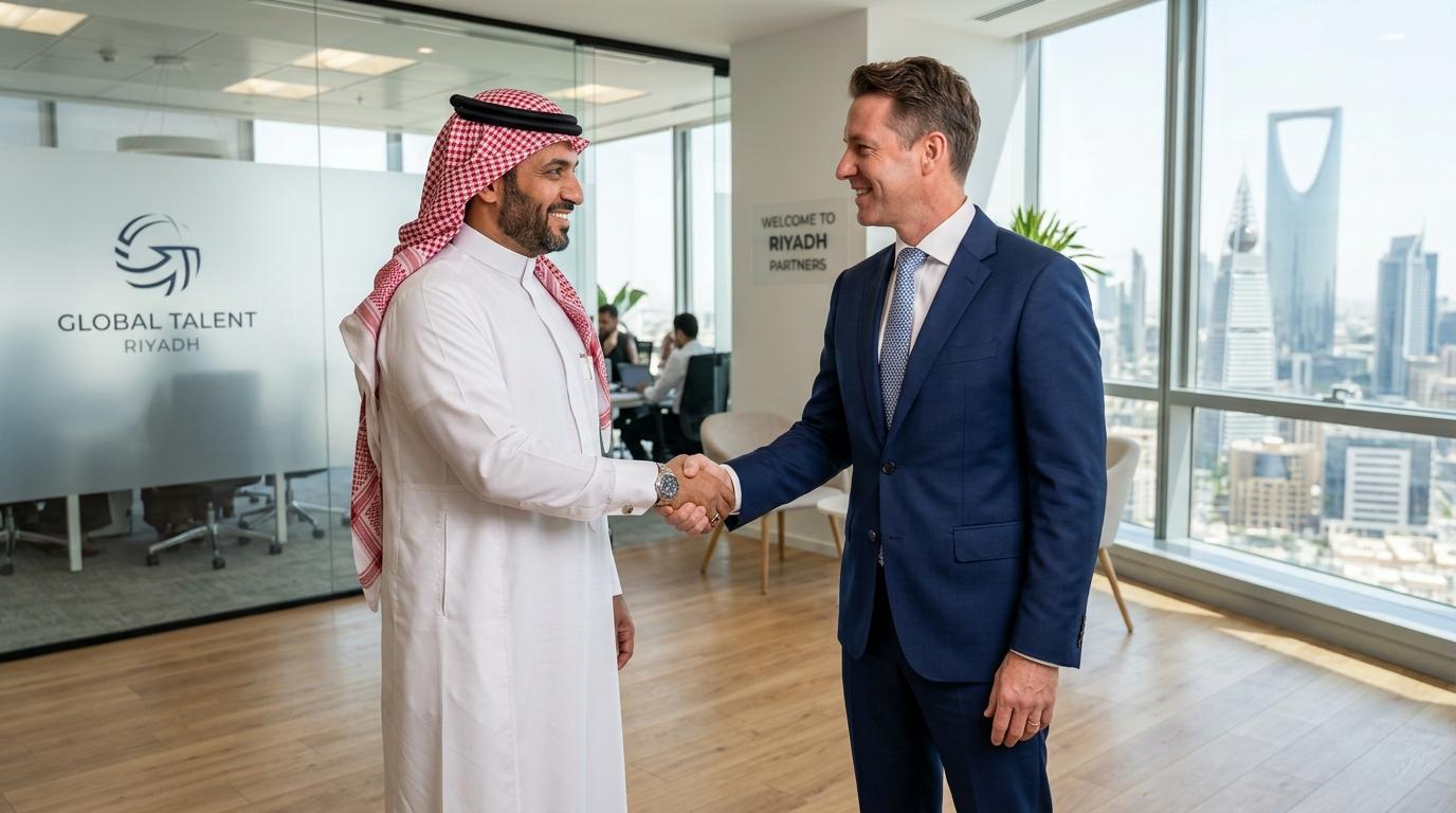 A Saudi national welcoming an international hire in a Riyadh office